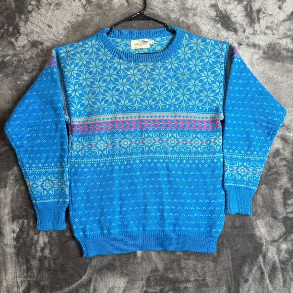 Stowe Woolens Large Pullover Geometric Sweater Crewneck Blue USA Hand Crafted - Picture 1 of 7